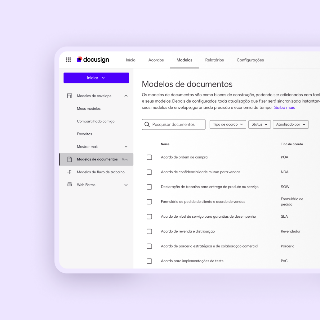 Interface de Preparação de Acordos Docusign para gerenciamento de modelos de acordo