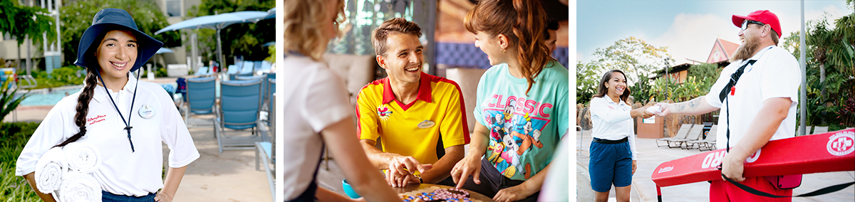 recreation cast members smiling and interacting with Disney park guests